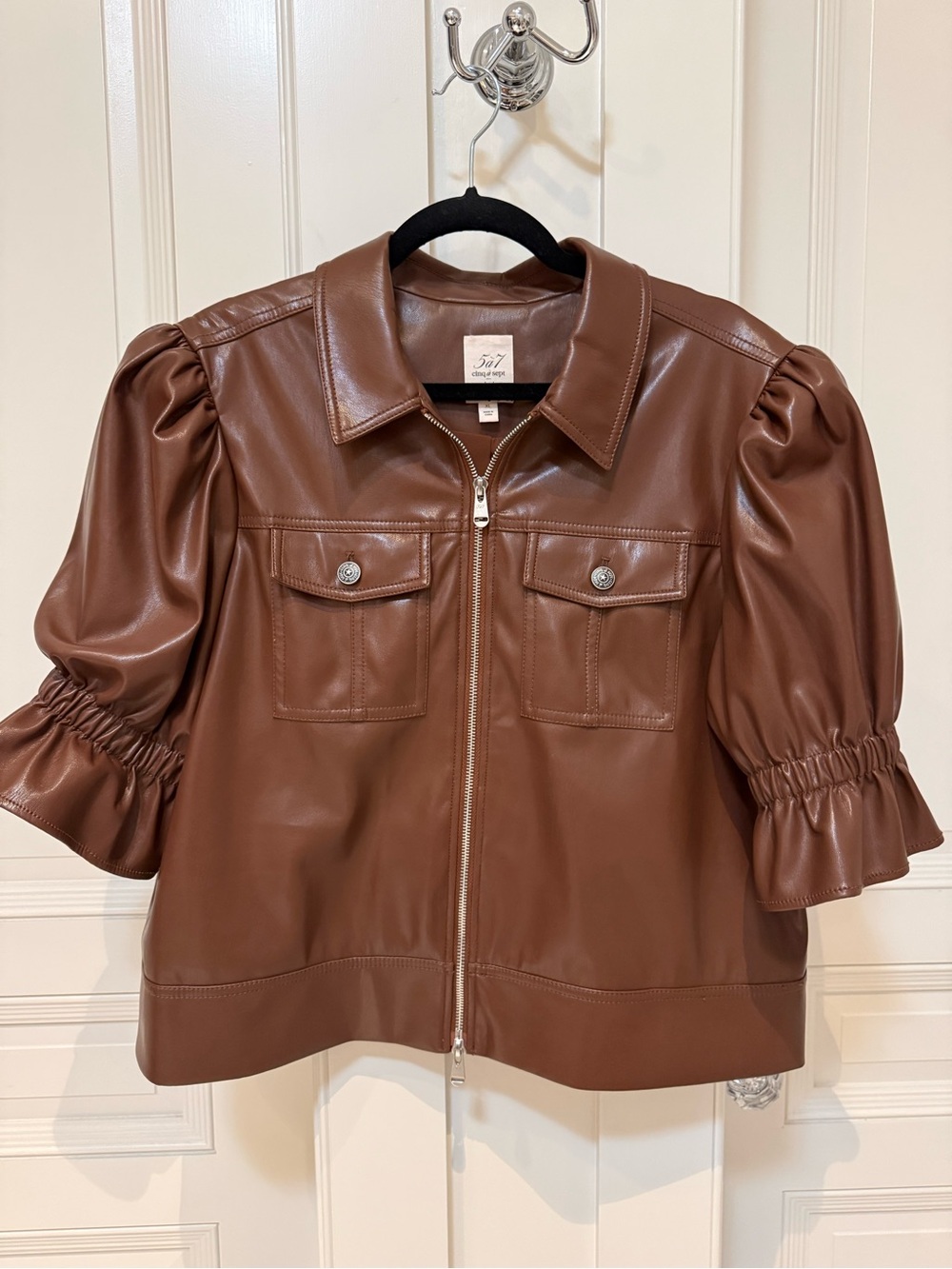 cinq a sept Chocolate Brown Faux Leather Puff-Sleeve Holly Zip Jacket